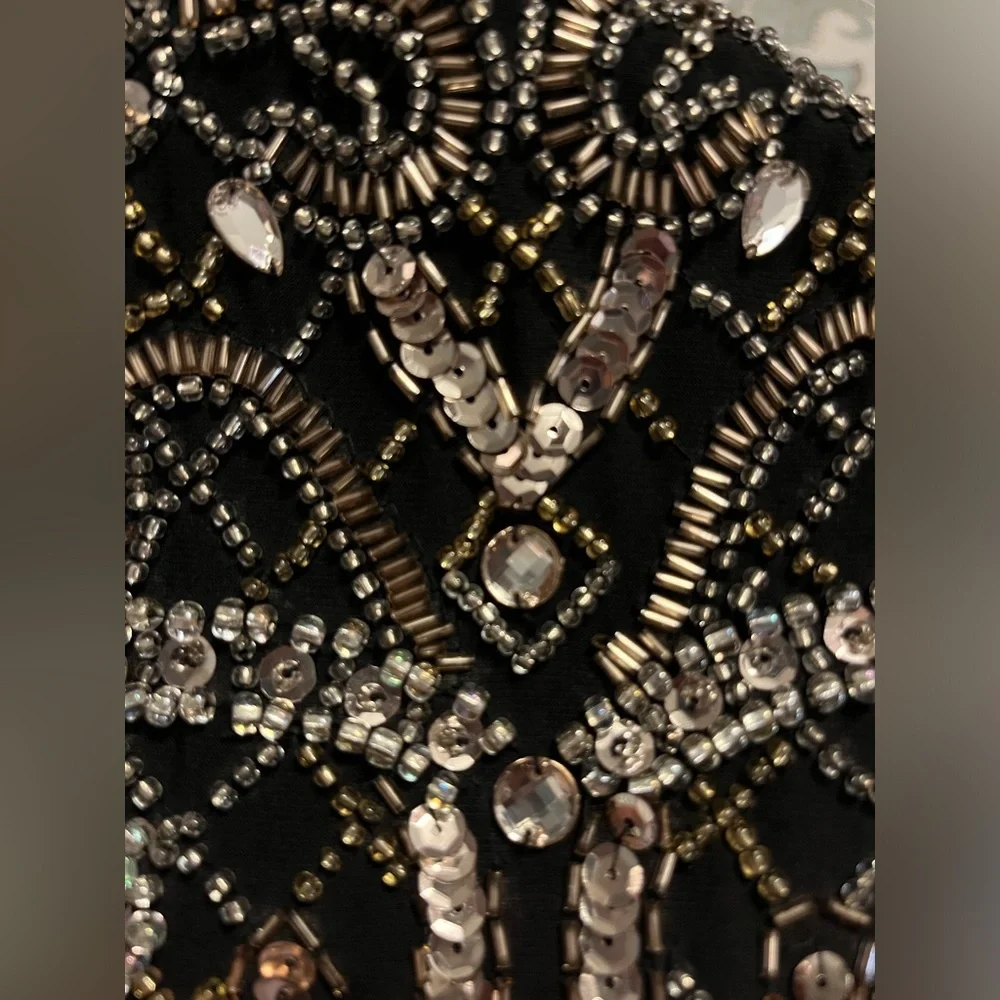 XSCAPE Long Black Beaded Sequin Open Back Sexy Formal Gown with Front Slit Sz 2 - Picture 13 of 14